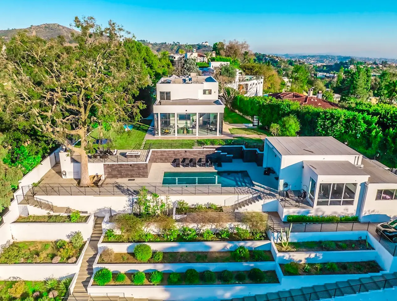Aerial view of the Lakeview residence overlooking Lake Hollywood